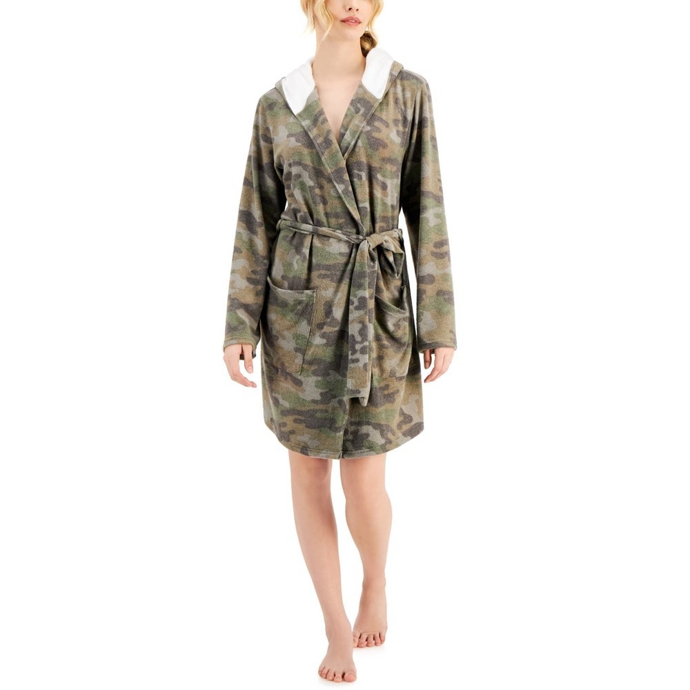 Jenni Hooded Short Cozy Robe Camo Army Green Pajama Lounge Comfy NWT Size XL